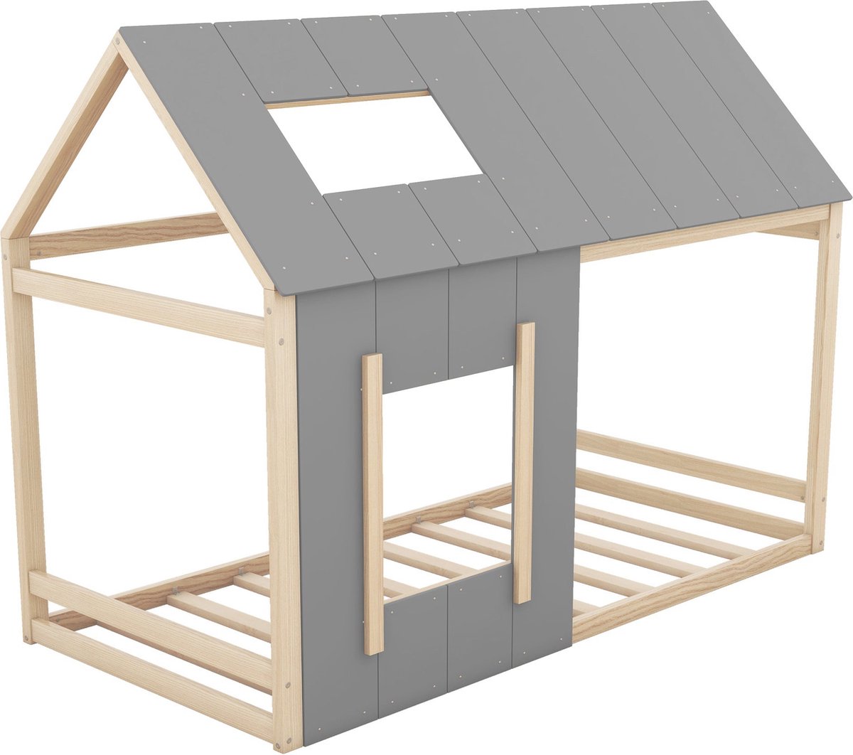Merax Kinderbed 90x200 cm - Huisbed met Dak en Raam - Bed in Natuurlijk Houtbruin met Grijs (Zonder Matras)