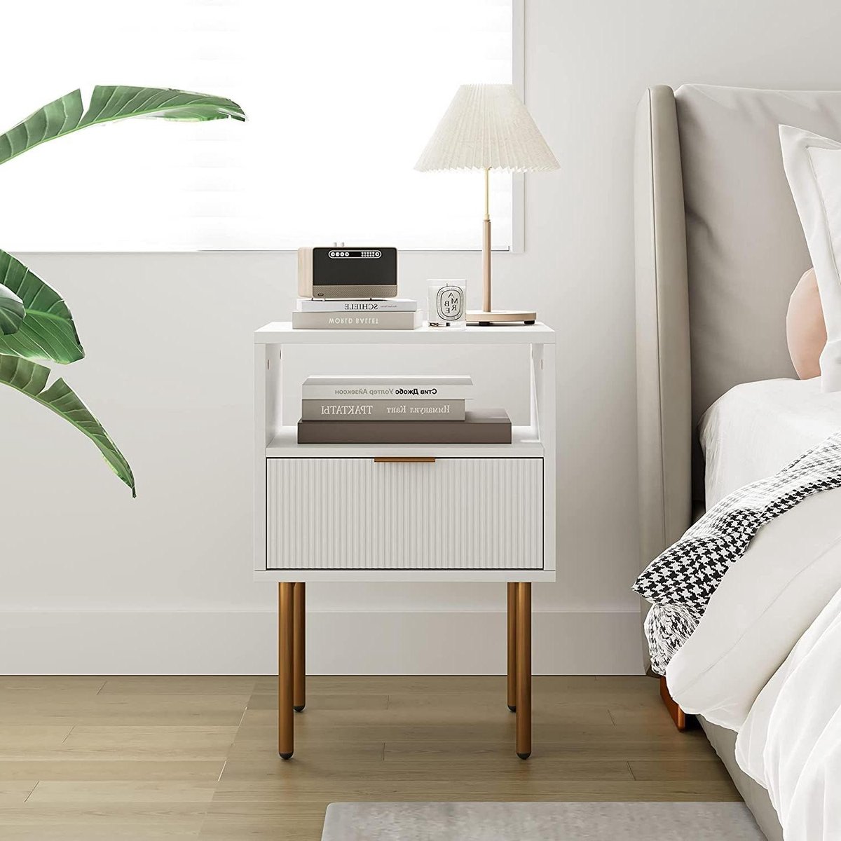 Modern Boho Nachtkastje 1 Open Plank 1 Lade Wit en Goud