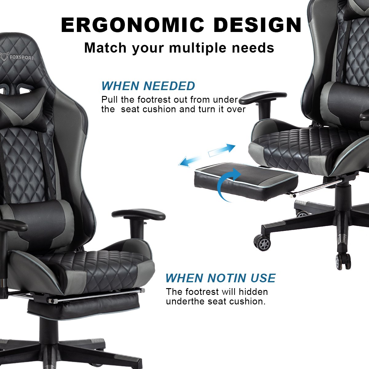 Afbeelding 2 van FOXSPORT verstelbare gaming chair - PC-bureaustoel met voetsteun - hoogte en helling verstelbaar - met hoofdsteun en lendensteun - gamingstoel voor kantoor - Zwart en grijs
