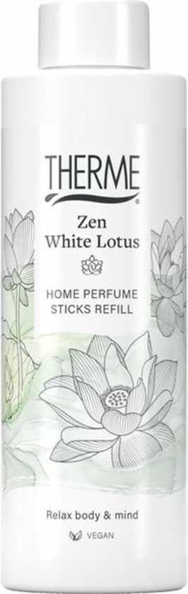 Therme Zen White Lotus home perfume sticks navulflacon met witte lotussen.