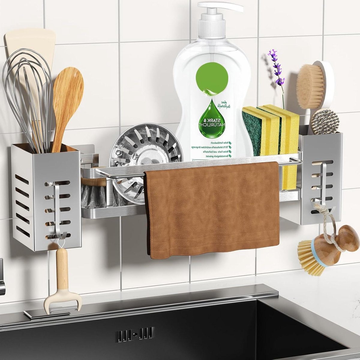 Hangende spoelbak-organizer van roestvrij staal - met opbergdoos - spoeldoekhouder - haken - sponshouder - gootsteenorganizer - keuken - badkamer - geen boren sponshouder gootsteen magnetische