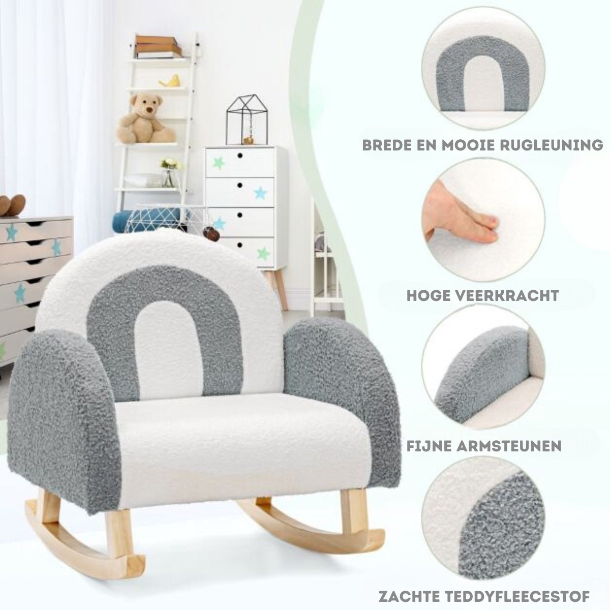 Trendmix Kinderschommelstoel Teddy Grijs – Schommelstoel Kind 3-5 Jaar – Ergonomisch & Zacht – Houten Onderstel – 50,8 × 49,5 × 50,8 cm — afbeelding 8
