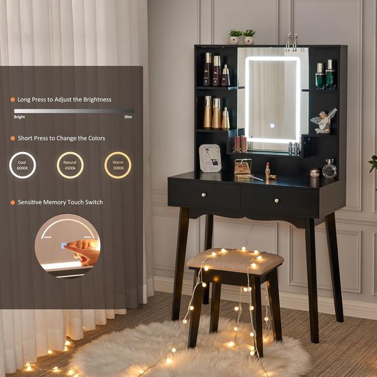 Coiffeuse Avec 10 Ampoules LED Et Prise USB/Type-C - Table Maquillage 5 Tiroirs Blanc Moderne | Rangement Cosmétiques Miroir Lumière Réglable - 7