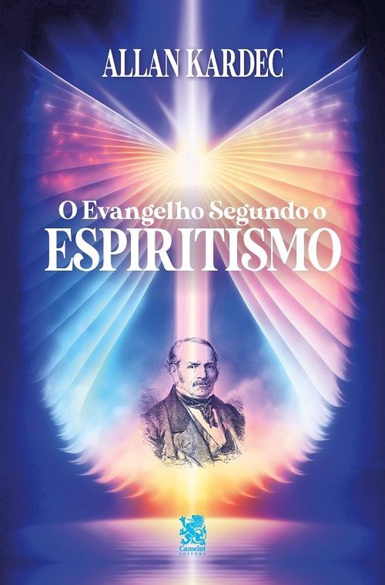 Boekomslag 'O Evangelho Segundo o Espiritismo' door Allan Kardec, met portret van de auteur en lichtgevende engelenvleugels.