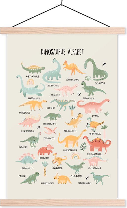 Posterhanger incl. Poster 60x90 cm - Schoolplaat - Dinosaurus alfabet - Leren voor kinderen - Dino's - Educatief - Textielposter - Blanke latten