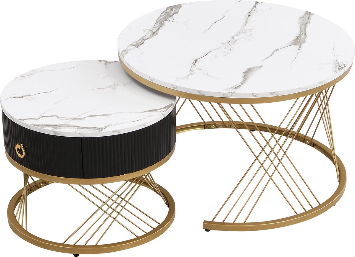 Merax Elegante Modulaire Couchtafel Set met Marmorlook en Gouden Accenten – 2-Delige Bijze
