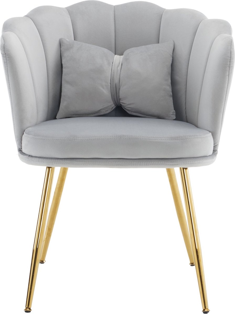 Merax Set van 2 moderne fluwelen stoelen met bloemblad rugleuning - vergulde metalen poten en vlinderkussen - voor slaapkamer - eetkamer en woonkamer (grijs)