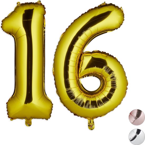 Relaxdays folie ballon - cijfer 16 - luchtballon getal - grote folieballonnen - decoratie - goud