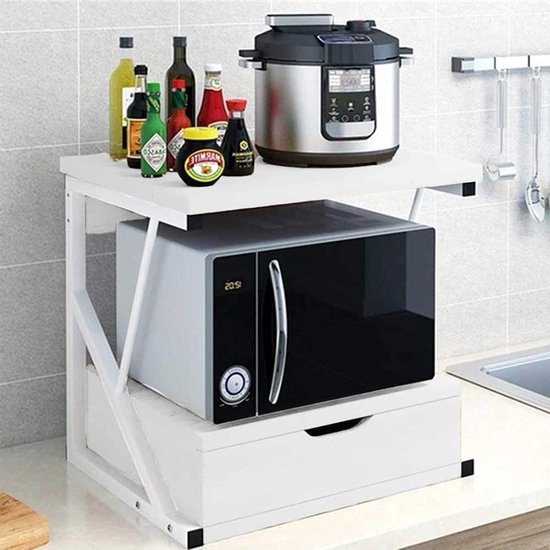 Support pour micro-ondes - cadre en métal - étagère en bois MDF - organisateur de tiroirs - ustensiles de cuisine - blanc - 54 x 35 x 50 cm - meuble micro-ondes au design moderne
