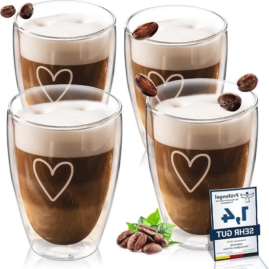Set de Verres à latte macchiato à double paroi (4x 350 ml) - Verre thermos en cristal transparent - Idéal pour le Cappuccino - Verres à Café et Thee latte macchiato