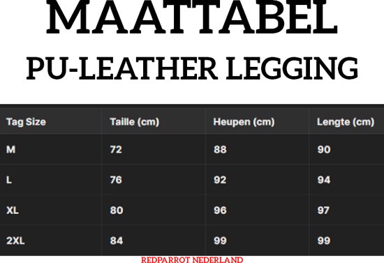 Maattabel voor PU-leren legging met maten in cm.