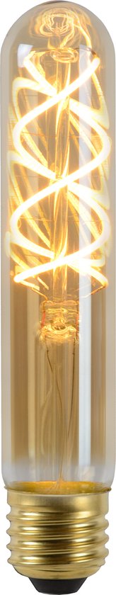 Ampoule ambrée T32 LED à filament avec un filament en spirale visible et une douille E27.