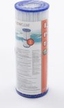 Een verpakking met Bestway Flowclear filterpatronen, type II, met blauwe randen. Een vrouw zwemt op de verpakking.
