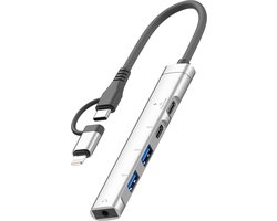 5-IN-1 8-Pin en USB-C naar AUX 3.5mm + 2X USB-C + 2X USB 3.0 – geschikt voor Lightning – adapter kabel hub – geschikt voor o.a. iPhone en iPad – zilver
