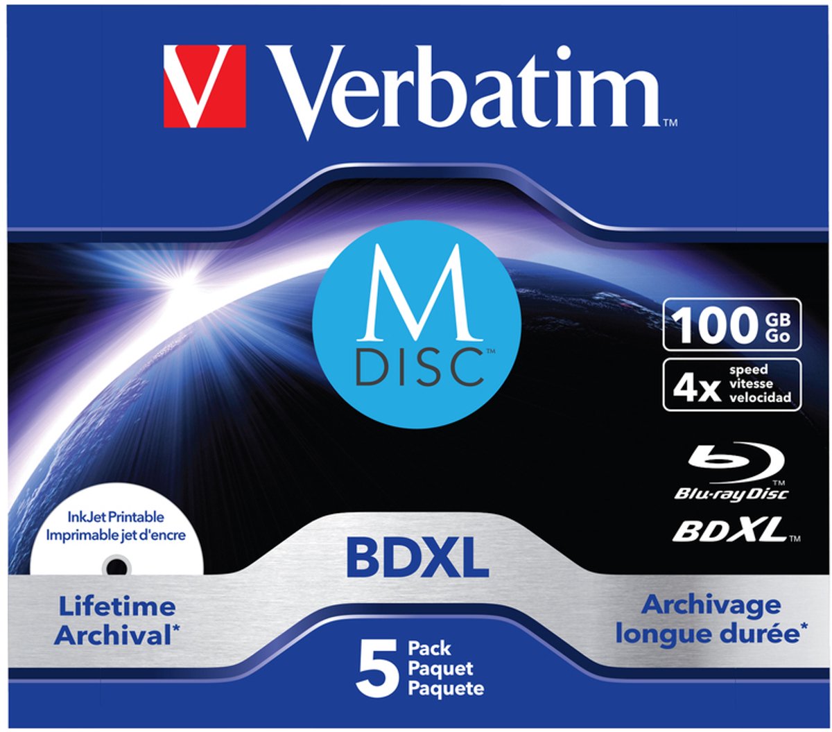 Verbatim 43834 M-Disc Blu-ray 100 GB 5 stuks Jewelcase Bedrukbaar