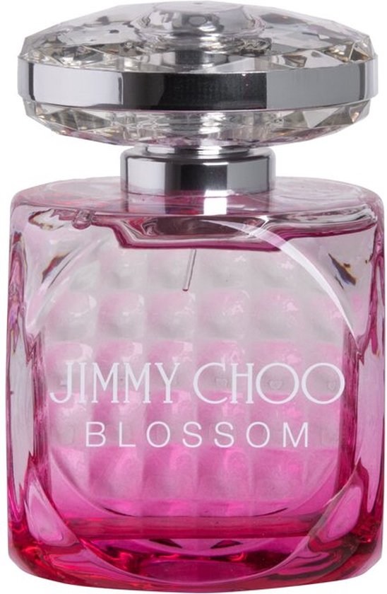 Glazen fles Jimmy Choo Blossom met roze gradiënt en facetdop.