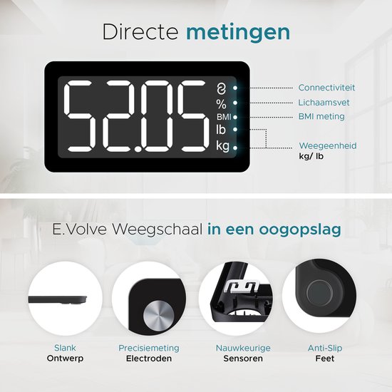 e.volve S5x Weegschaal Personenweegschaal Digitaal - Slimme Weegschaal met 20x Lichaamsanalyse - Digitale Weegschaal - Incl. App - Zwart