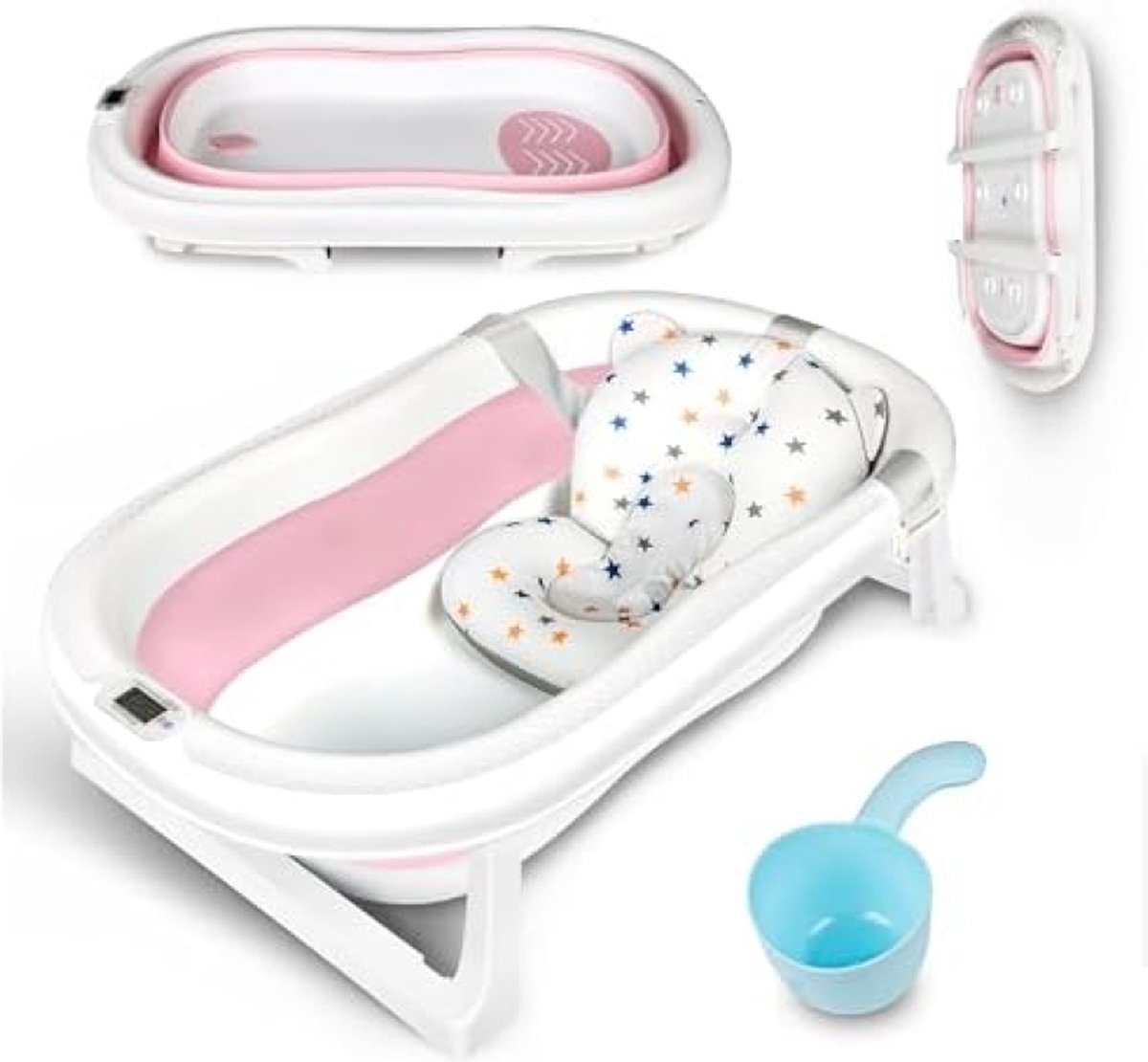 Grote Babybadkuip Met Temperatuursensor, Opvouwbare Babybadkuip Met Kussenpad, Antislip Steunpoot, Inklapbare Kuip Voor Peuter Baby Kinderen Badderen | Shampoo Beker