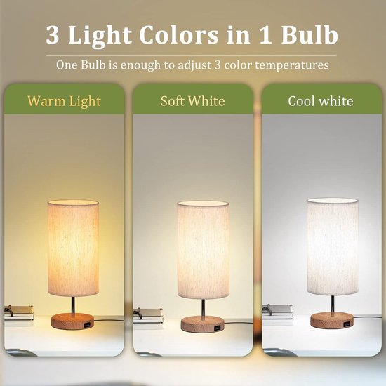 Lampe De Chevet - KCVV - Tactile USB-C/A - Abat-jour Lin Réglable - 3 Tons - Classe B - Maison