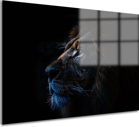 Portrait de profil rapproché d'un lion aux crinières sombres, éclairage bleu sur le museau.