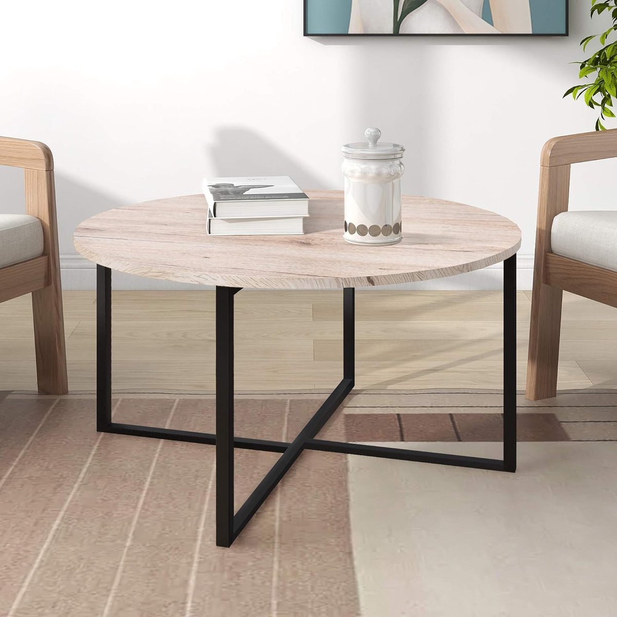 Goodivery ® Stijlvolle Ronde Salontafel voor de Woonkamer met Metalen Poten, Zwart en Wit Eiken