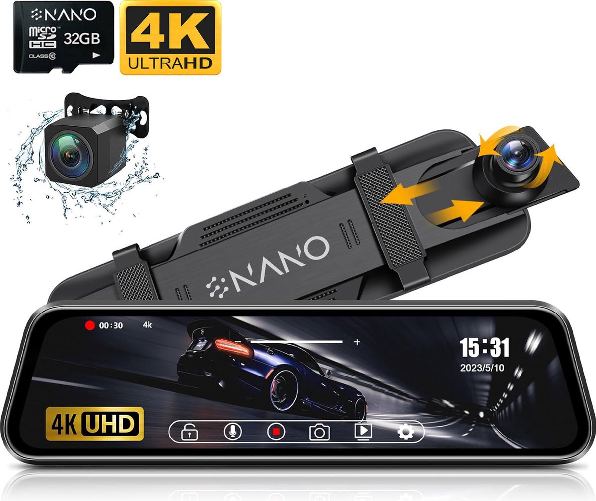 Bol.com Nanocam T55 4K 2CH Full Mirror Wifi Gps 32gb dashcam voor auto - Digitale binnenspiegel en dashcam - Groot 10 inch Lcd t... aanbieding