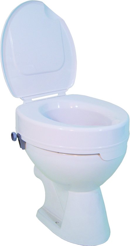 Witte toiletverhoger met deksel en zijdelingse klemmen.