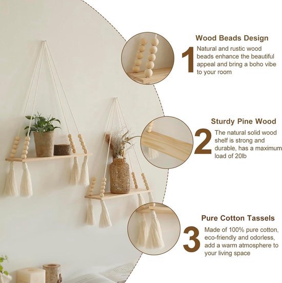 Muur Opknoping Plank, Boho Planken Met Houten Plank, 2 Stuks Handgemaakte Macrame Plank Voor Het Ophangen Van Planten Een