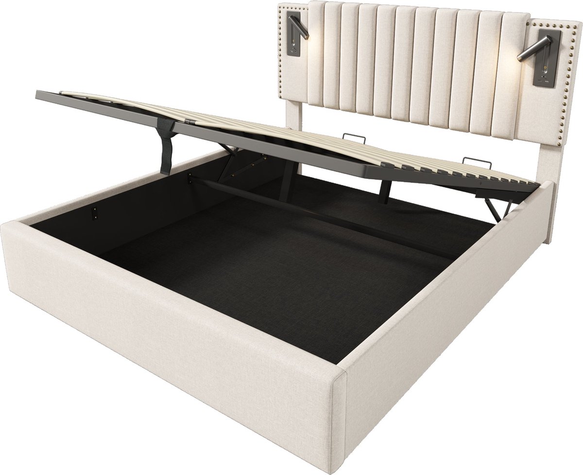 Merax Queensize Tweepersoonsbed 160x200 cm met Hydraulische Opbergruimte en Leeslamp - Ges