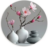 WallCircle® Wandcirkel 60x60 cm - Muurcirkel Magnolia - Bloemen - Roze - Zen stenen - Vaas - Planten - Takken - Muurdecoratie woonkamer - Wanddecoratie slaapkamer - Kamer decoratie accessoires - Ronde schilderijen - Woonaccessoires