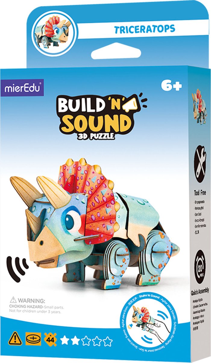 MierEdu 3D PUZZEL BUILD&SOUND: DINO / TRICERATOPS 13,03x6,64x7,24cm, met geluid, werkt op 1 knoopcel batterij CR2032 (inbegrepen), in doos 10,8x3,5x19,4cm, 6+