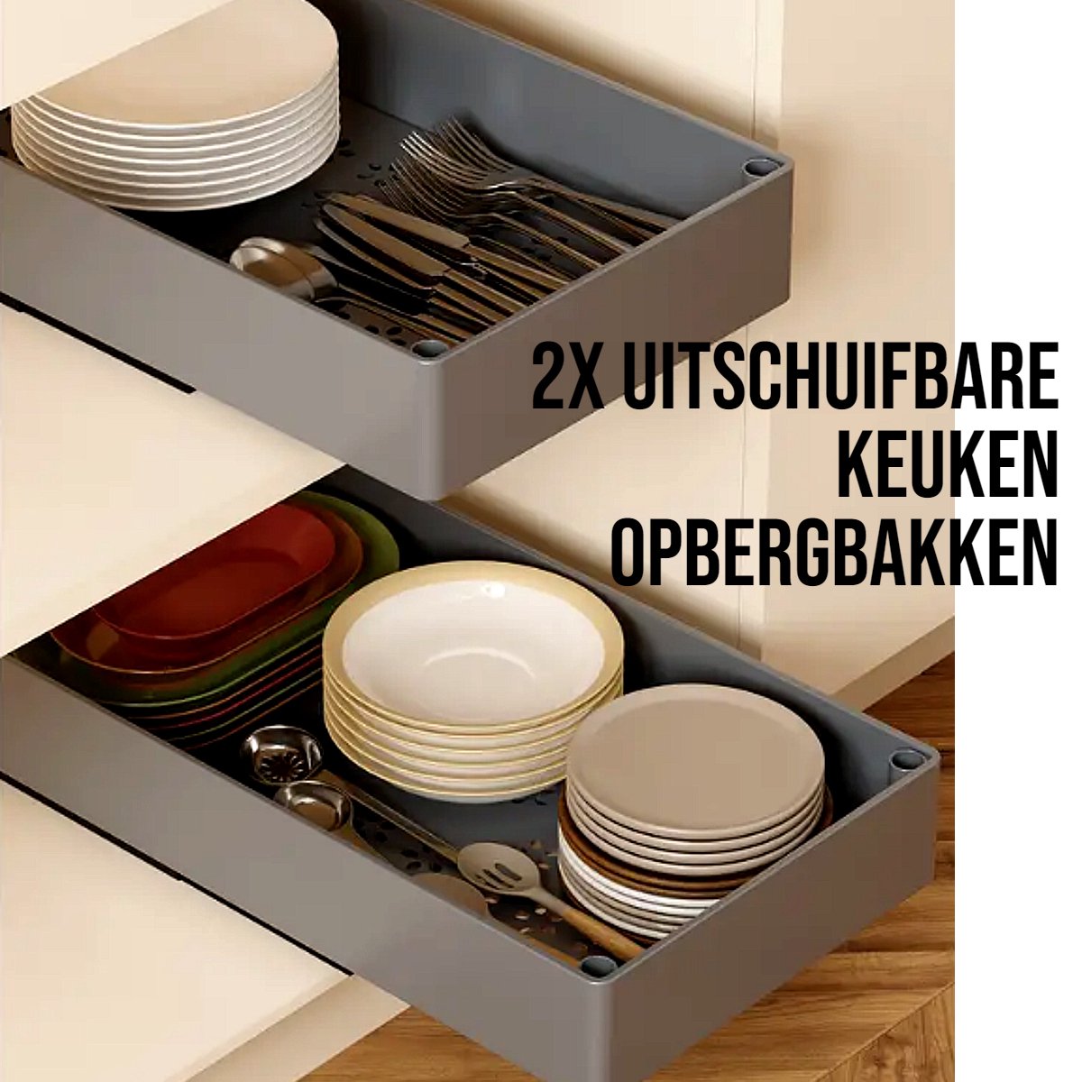 Allernieuwste.nl® 2 Stuks Uitschuifbare Keuken Opbergbak Zonder Boren - Grijs - 38x20x5.2cm - Slimme Organisatie