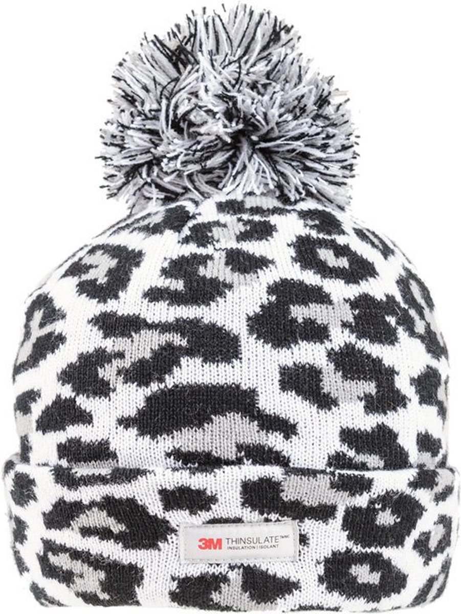 Grijze/zwarte panterprint/luipaardprint muts -voor dames/vrouwen Luipaard/panter dieren artikelen - Winterkleding/buitenkleding