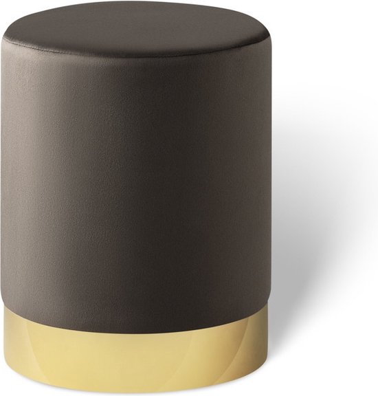 LIFA LIVING Poef Belle - Donkergrijs & Goud - Zitbank - Modern - Rond - Velvet & Metaal - ⌀ 30 x 38 cm