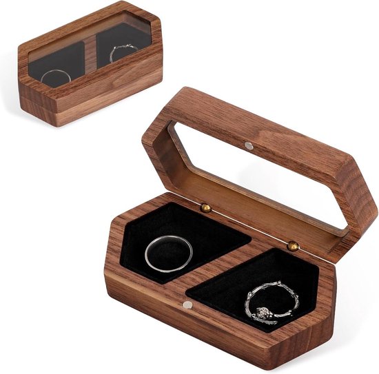 Dubbele ringendoos van walnoot hout en fluweel voor bruiloft en ...