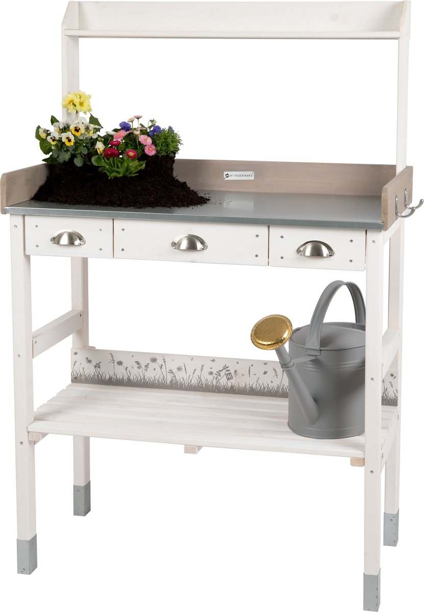 WONDERMAKE® Grote plantentafel wit met 3 laden van weerbestendig hout, tuinwerktafel XL voor buitenbalkon hoogwaardige kwaliteit, tuintafel, 85 x 45 x 130 cm, witgrijs