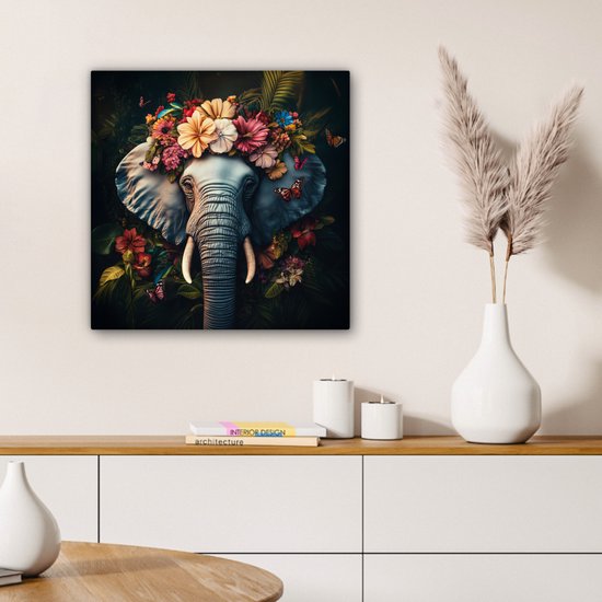 Tableau sur toile 50x50 cm - Décoration murale Éléphant - Animaux - Fleurs - Nature - Décoration murale salon - Décoration chambre - Accessoires chambre - Peintures
