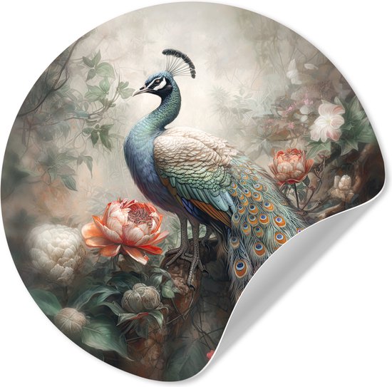 WallCircle® - Behangcirkel 80x80 cm - Muurstickers Pauw - Pauwenveren - Vogel - Jungle - Bloemen - Muurcirkel woonkamer - Wandcirkel slaapkamer - Kamer decoratie zelfklevend - Muurdecoratie accessoires