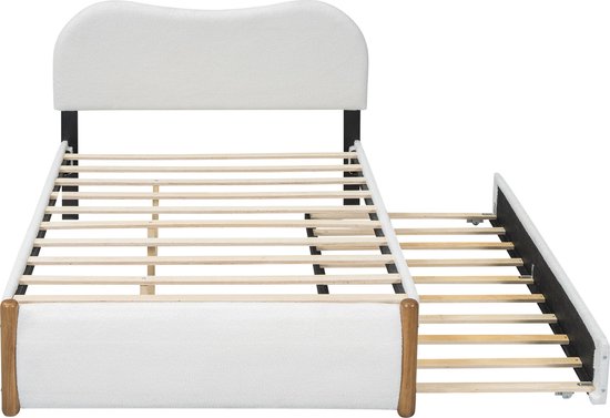 Lit rembourré Merax 140x200 cm avec lit à roulettes extractible - Design minimaliste - Wit - MDF et Tissus doux - Sommier à lattes inclus