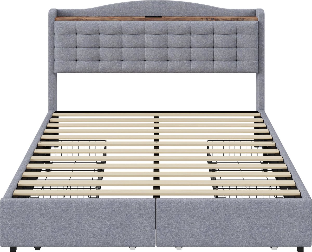 Merax Tweepersoonsbed 140x200 cm met USB Aansluiting en 4 Lades - Grijs Linnen