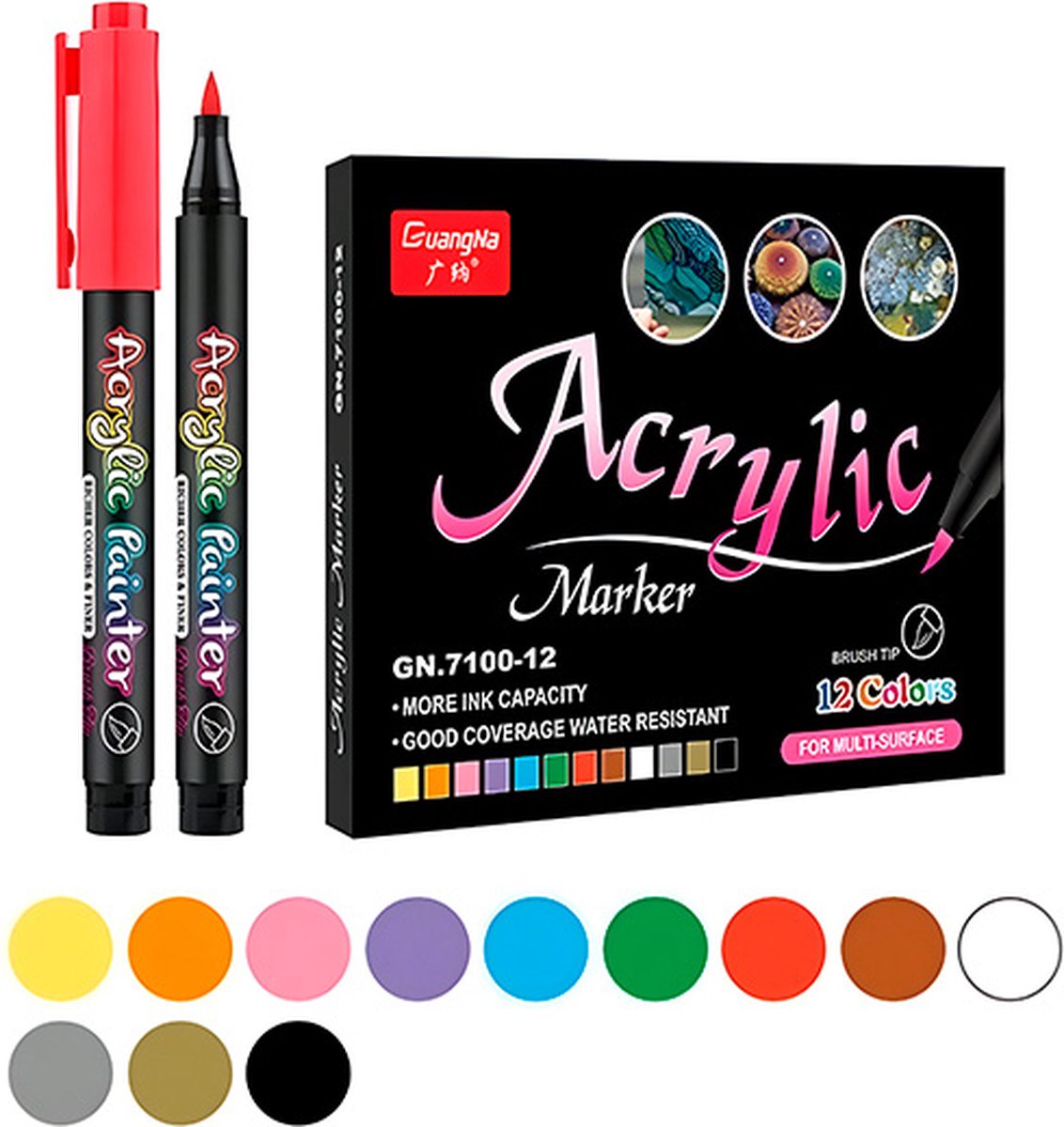 Jojoy 12-delige Acryl Marker Set – Niet-Toxisch en Geurvrij – Tekenset voor Papier, Glas, Hout en Textiel – Diverse Lijndiktes voor Creatieve Kunstwerken - ACRYLICPENS