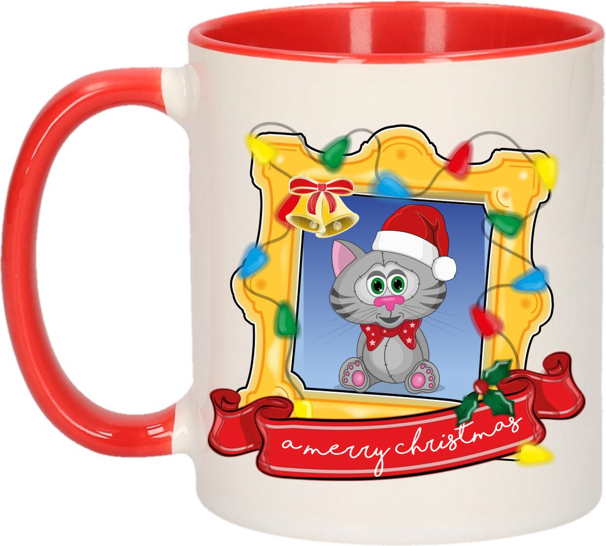 Bellatio Decorations Kerst cadeau koffiemok - kerst katje - rood - 300 ml - keramiek