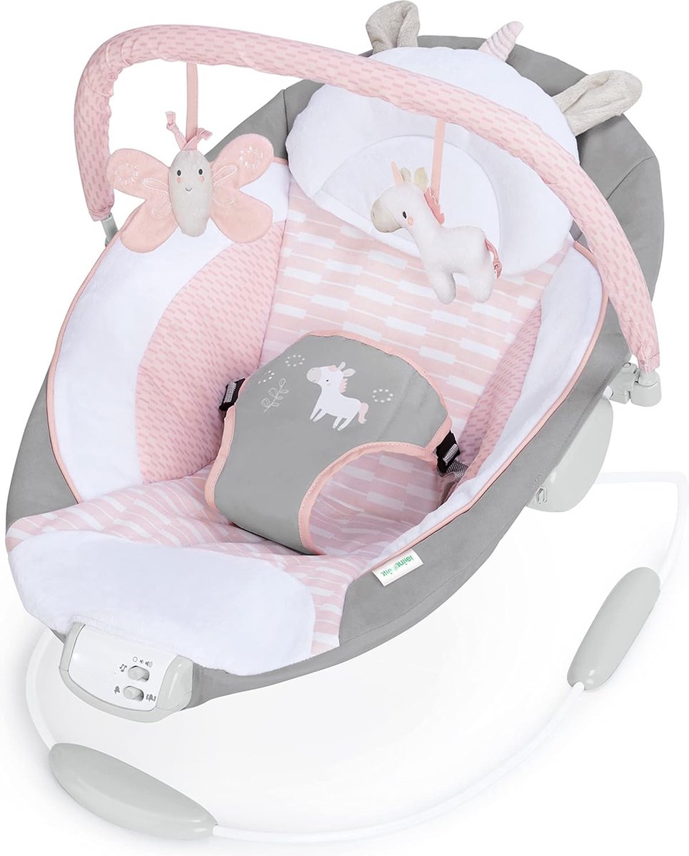Goedkoopste Vibrerende wip met muziek, baby schommelstoel, babyswing, volumeregelaar, speelgoed, gevoerde hoofdsteun, veiligheidsgordel, antislip voeten - Audrey Vlinder en eenhoorn