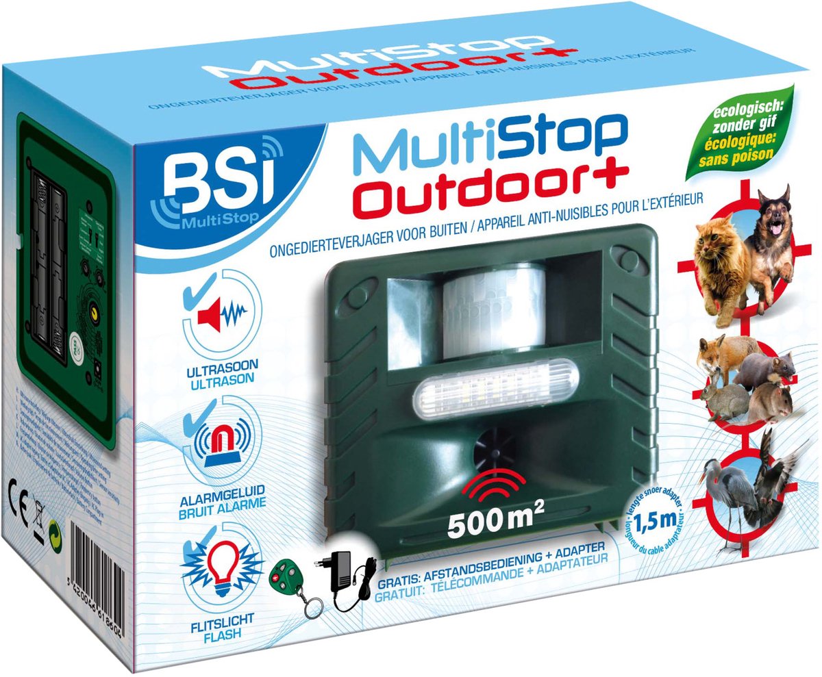 Bol.com BSI - Multistop Outdoor Plus - Dierenverjager met 3-voudige werking - Ultrasoon + flitslicht + Alarm - Voor het verjagen... aanbieding