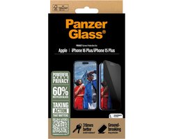 PanzerGlass Screenprotector geschikt voor Apple iPhone 16 Plus Glazen | PanzerGlass Ultra-Wide Fit Privacy Screenprotector Privacy - Case Friendly - Zwart