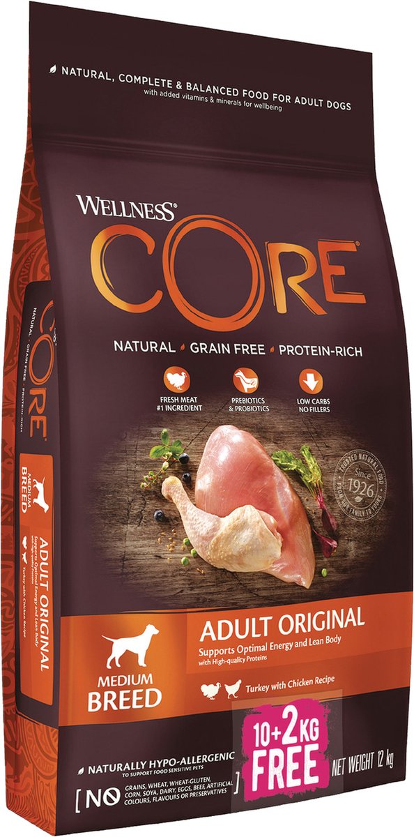 Wellness Core Grain Free Dog Original Kalkoen – Hondenvoer – 12 kg Bonusbag