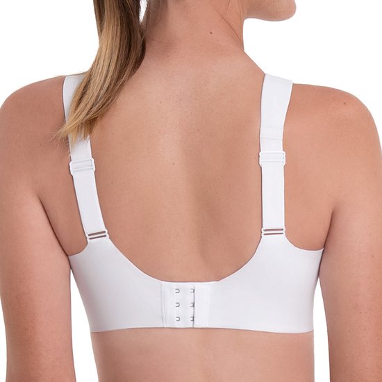 Achterkant van een witte Anita Active sportbeha met drievoudige haaksluiting.