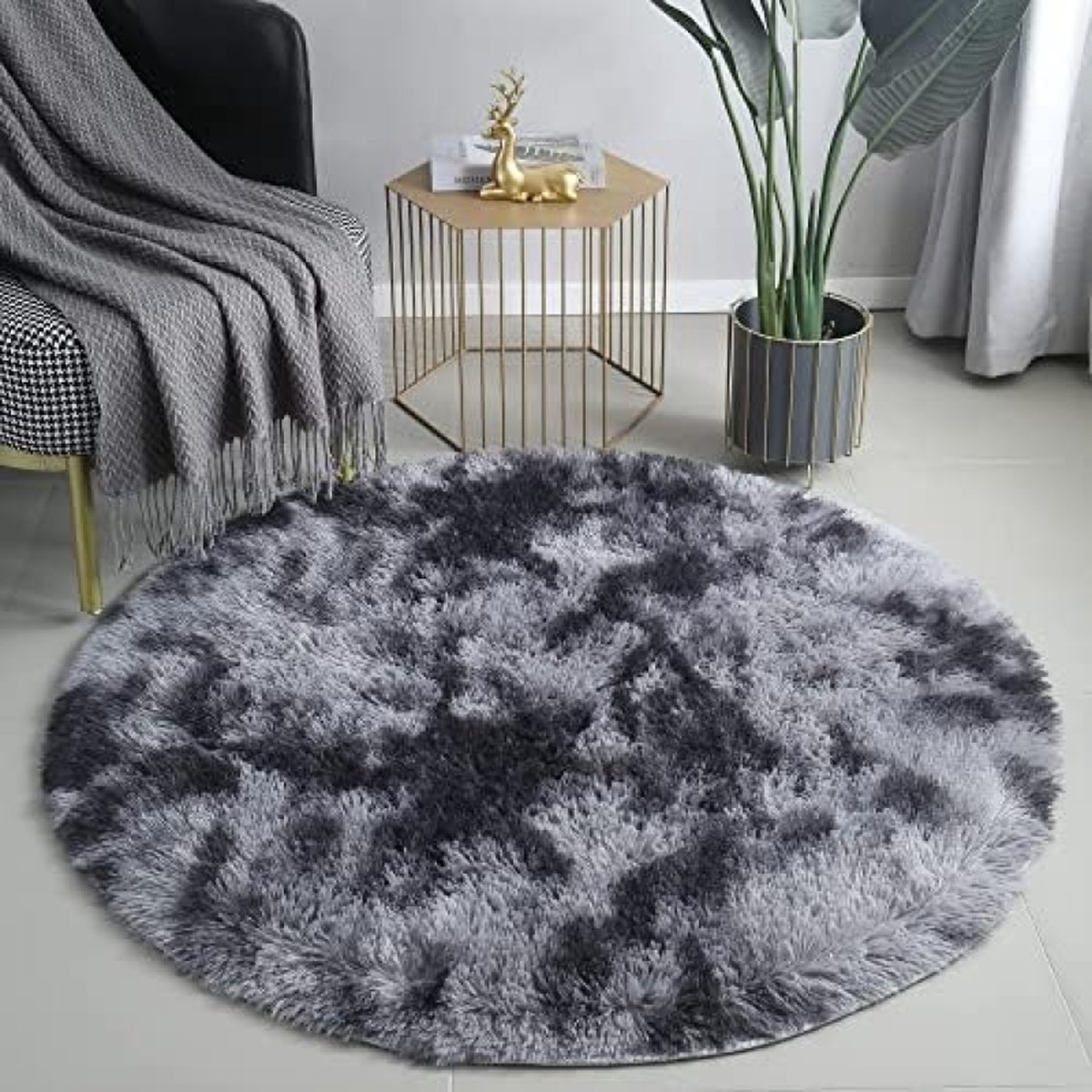 Pluche tapijt, rond, pluizig tapijt, moderne woonkamer, kinderen, meisjes, zacht en pluizig tapijt voor de slaapkamer/woonkamer/kinderkamer (donkergrijs, Ø 150 cm rond)