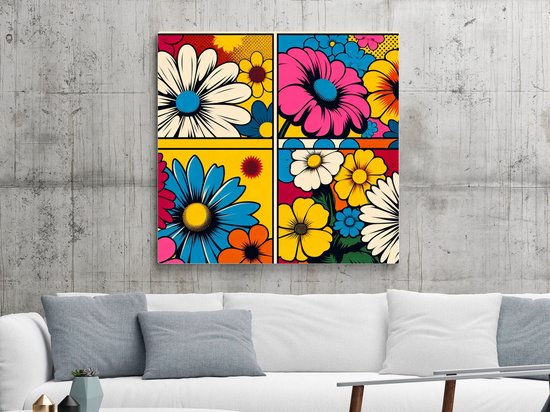 Pop art bloemen schilderij | Florale expressie: kleurrijke bloemen in levendige pop-art stijl | Kunst - 80x80 centimeter op Dibond | Foto op Dibond