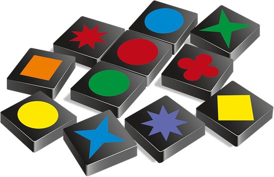 Tien zwarte speltegels met kleurrijke symbolen: een rode ster, blauwe cirkel, groene ster, oranje vierkant, groene cirkel, rode bloem, gele cirkel, paarse ster, gele vierkant en blauwe ster.
